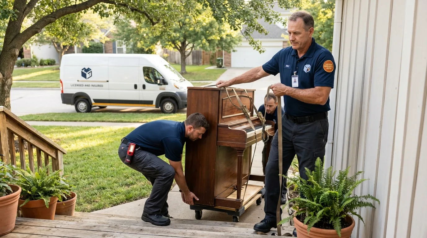 Licensed piano movers securing grand piano in Bay City, MI
