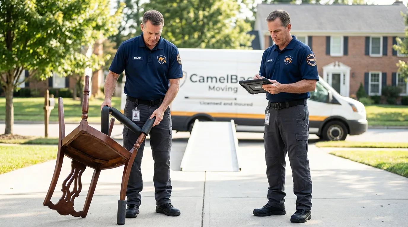 Movers inspecting furniture for damage prevention before loading in Bay City, MI