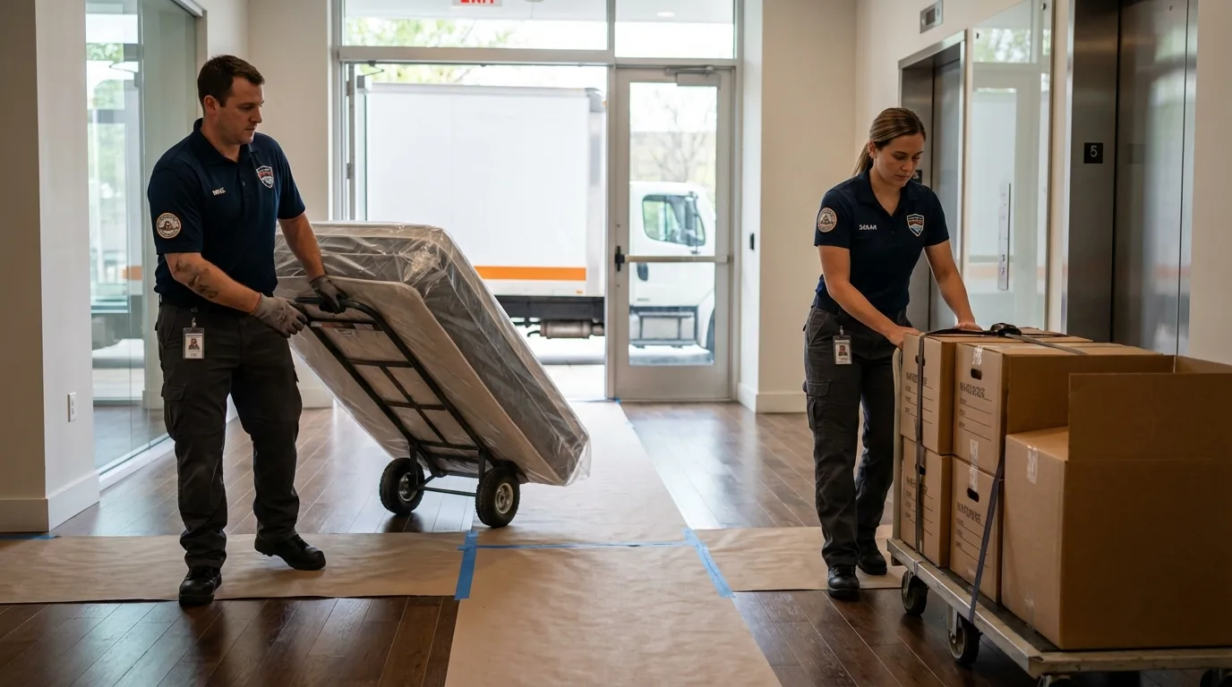 Professional apartment movers loading elevator in Bay City, MI