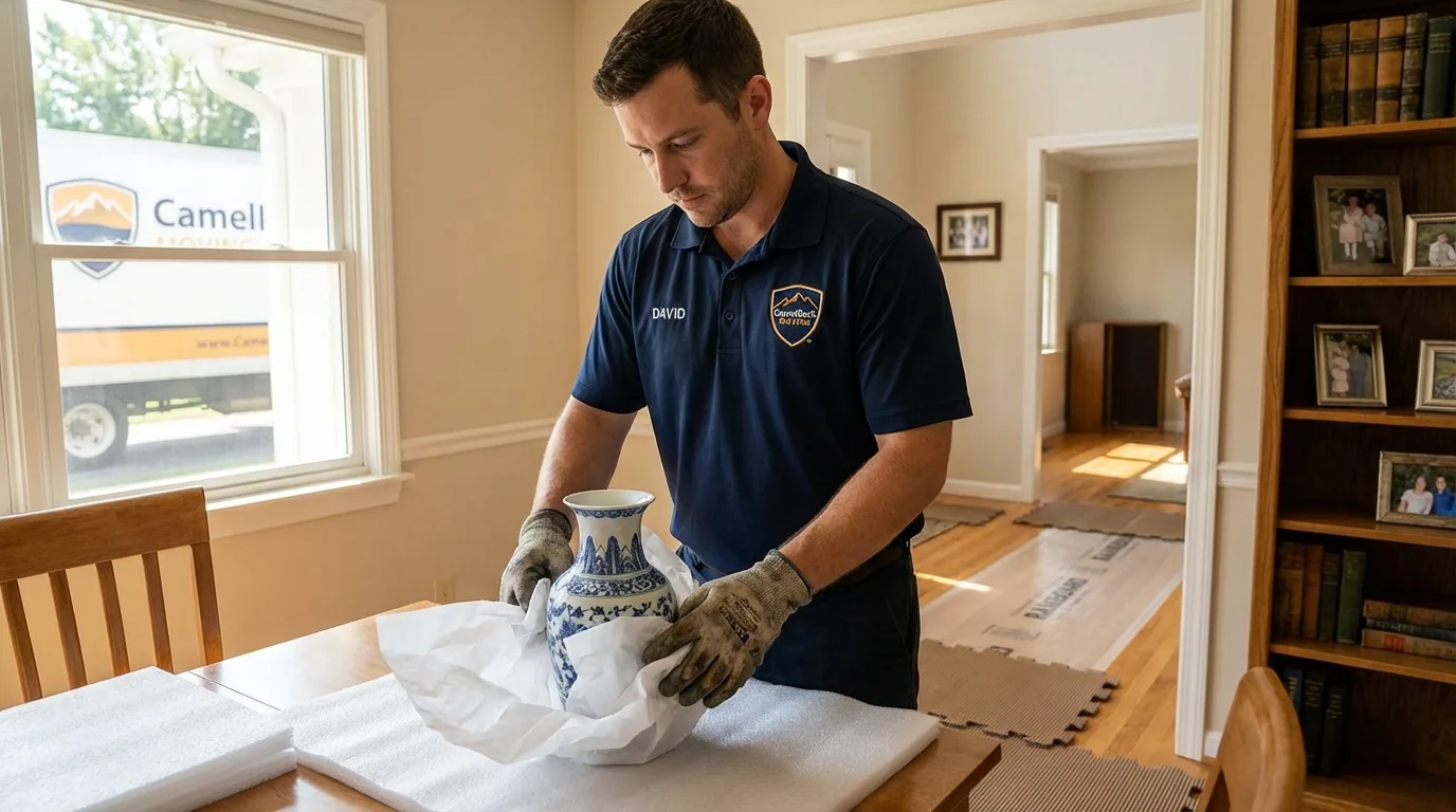 Professional crew carefully wrapping antique vase for senior downsizing move in Bay City, MI